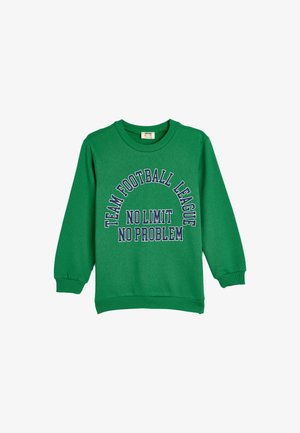 Grüne Sweatshirt aus Baumwollmischung, mit Rundhalsausschnitt und langen Ärmeln. Der angezeigte Text lautet "TEAM FUSSBALL LIGA KEINE GRENZEN KEIN PROBLEM."