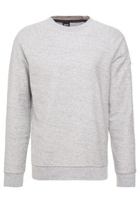 Šedá mikina vyrobená z měkké látky s kulatým výstřihem, dlouhými rukávy a žebrovanými manžetami. Má jemnou strukturu a logo štítek na výstřihu.