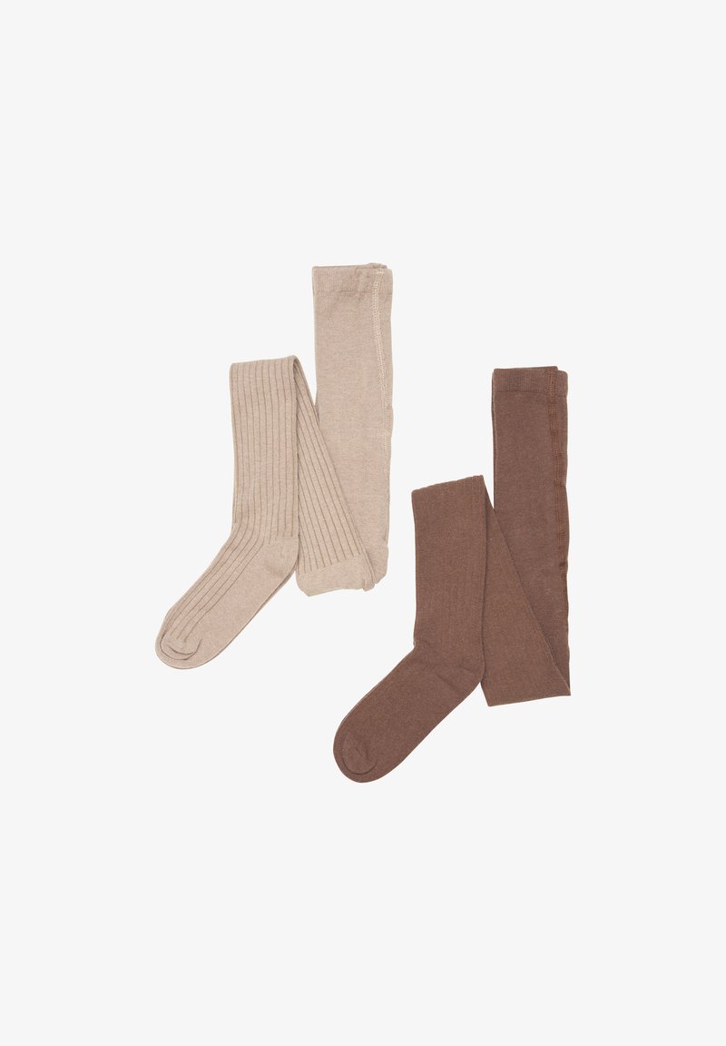 Deux paires de chaussettes montantes, l'une beige avec un motif côtelé et l'autre brun foncé, toutes deux en matériau lisse et sans coutures.