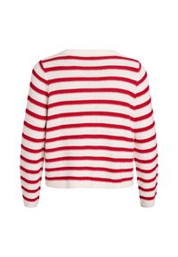 Rot und weiß gestreifter Strickpullover mit rundem Ausschnitt und geripptem Saum. Verfügt über lange Ärmel und einen verkürzten Schnitt.