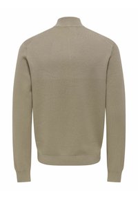Maglione a maglia, verde oliva chiaro, collo alto, polsini e orlo a costine, trama liscia, colore uniforme, senza motivi o dettagli hardware.