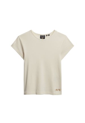 T-shirt en coton beige clair à manches courtes, encolure ras du cou, avec un petit logo "Superdry" brodé près de l'ourlet.