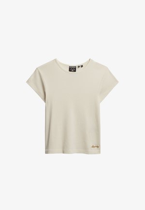 Hellbeige Baumwoll-T-Shirt mit kurzen Ärmeln, Rundhals-Ausschnitt und einem kleinen braunen "Superdry"-Logo, das nahe dem Saum gestickt ist.