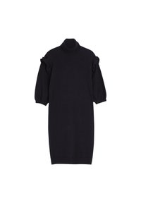 Robe en tricot noir avec un col haut, des manches courtes bouffantes avec des accents volants, et une silhouette ajustée. Texture douce et longueur au genou.