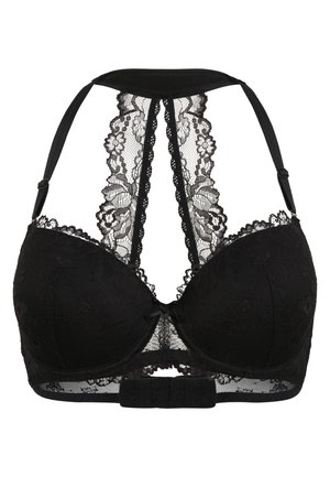 Černý krajkový bralet s vycpanými košíčky, průhledným krajkovým zadním dílem s květinovým vzorem, nastavitelnými ramínky a zapínáním na h�áček a oko.