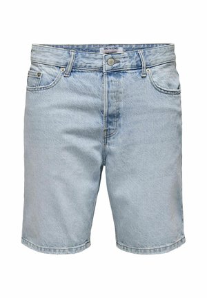 Light blue denim shorts with a classic five-pocket design, featuring a zipper and button closure, finished with a hemmed edge.