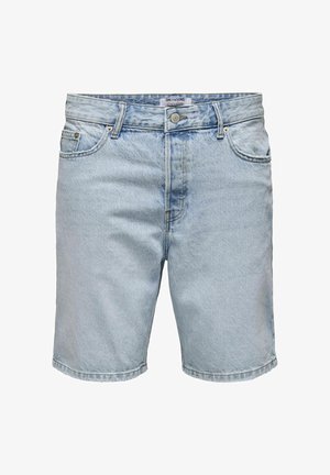 Svijetloplavi traper šorts s klasičnim dizajnom od pet džepova, s patentnim zatvaračem i kopčanjem na dugme, završeni obrubljenim rubom.