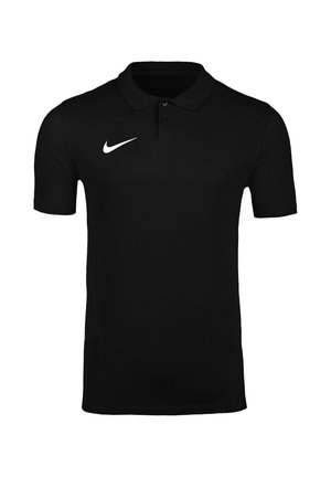 Sort polo med korte ærmer, to knapper og et hvidt Nike-logo på højre bryst mod en ensfarvet hvid baggrund.