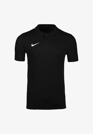 Sort polo med korte ærmer, to knapper og et hvidt Nike-logo på højre bryst mod en ensfarvet hvid baggrund.