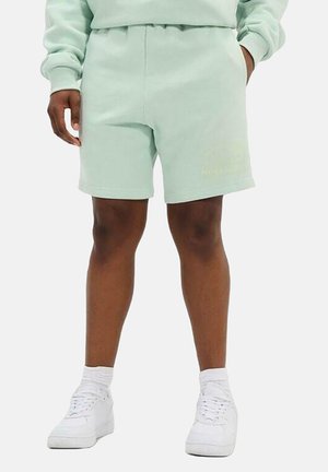 Pantalones cortos de algodón verde menta con cintura elástica, que presentan un logo en amarillo claro, combinados con zapatillas blancas y calcetines cortos.