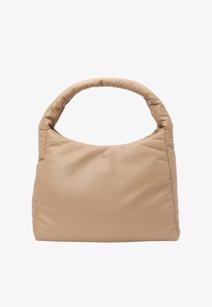 Weiche, beigefarbene Ledertasche mit gepolstertem Griff und strukturierter rechteckiger Form, dargestellt vor weißem Hintergrund.