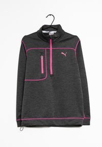 Suéter gris con un cuello alto, acentos rosas y un bolsillo en el pecho con cremallera. Fabricado con un tejido texturizado y presenta un logo en el lado izquierdo.