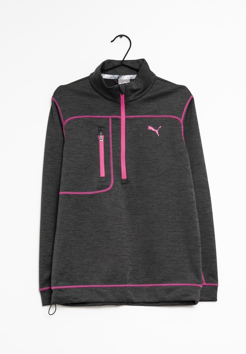 Suéter gris con un cuello alto, acentos rosas y un bolsillo en el pecho con cremallera. Fabricado con un tejido texturizado y presenta un logo en el lado izquierdo.