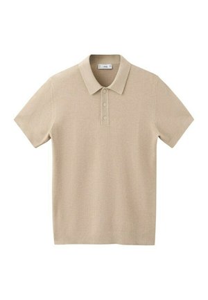 Bež kratka majica s kratkimi rokavi in tremi gumbi ter klasičnim ovratnikom, izdelana iz teksturirane tkanine, položena na ravno površino na belem ozadju.