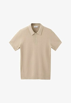 Bež kratka majica s kratkimi rokavi in tremi gumbi ter klasičnim ovratnikom, izdelana iz teksturirane tkanine, položena na ravno površino na belem ozadju.