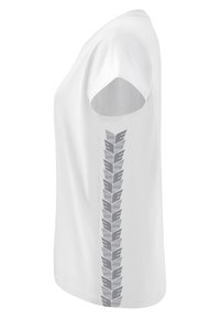 Witte T-shirt van zachte stof, met een grijs grafisch ontwerp patroon aan de linkerkant, korte mouwen en een klassieke ronde hals.