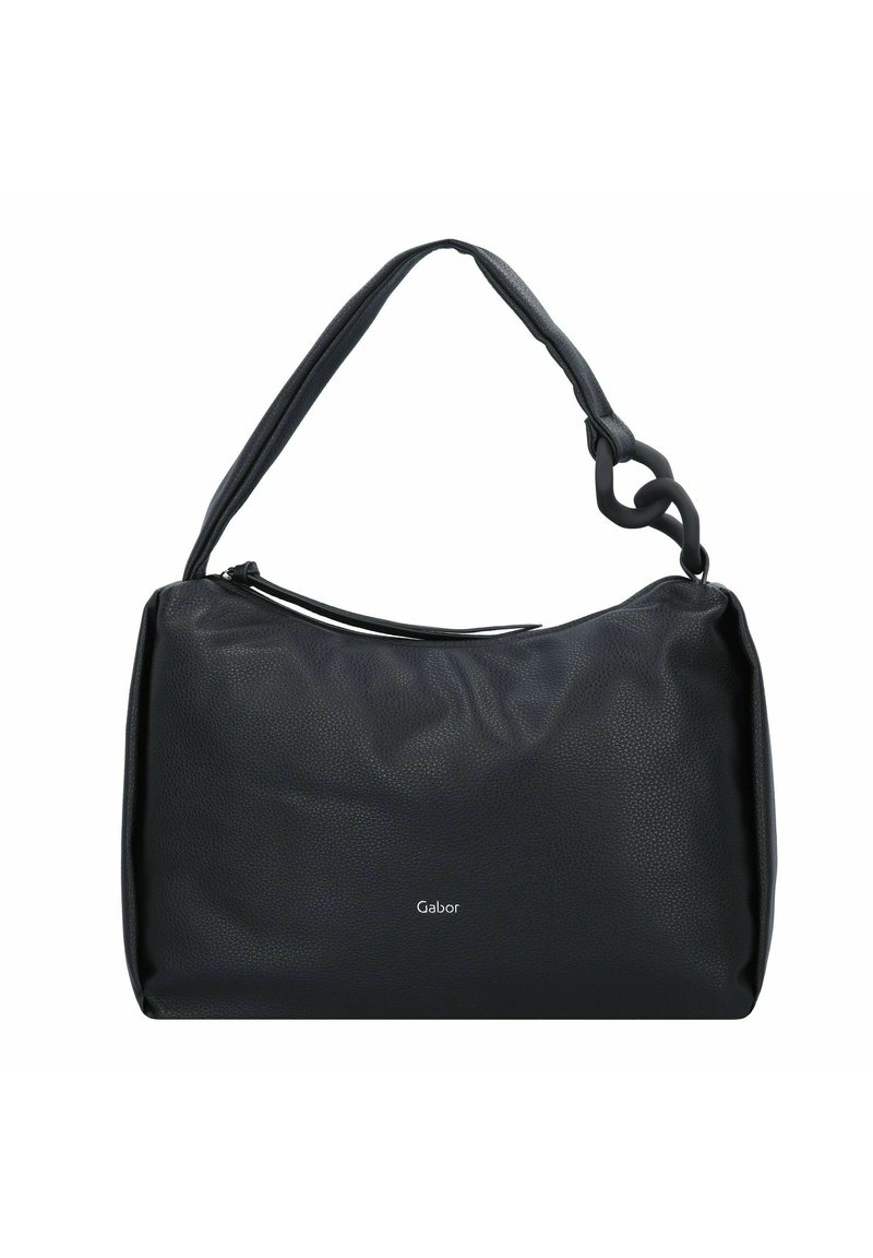 Schwarze Lederhandtasche mit strukturiertem Finish, runder Form und einem abnehmbaren Tragegurt mit einem stylischen Karabiner. Logo vorne aufgedruckt.
