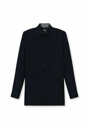 Chemise noire à manches longues en tissu lisse. Présente un col pointu, une fermeture à boutons à l'avant et une poche poitrine avec un discret logo.