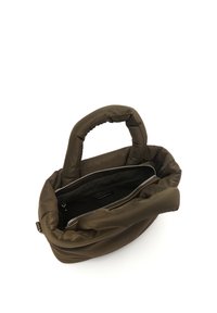 Green padded handbag with a soft, textured exterior, short handles, and a zippered opening, revealing a black interior lining.