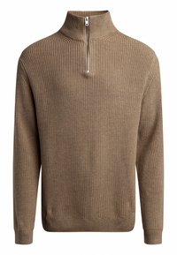 Maglione a coste marrone con colletto alto e zip frontale a metà. Presenta maniche lunghe e un tessuto testurizzato per un calore aggiuntivo.