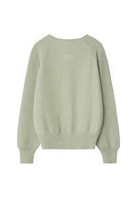 Jasnozielony, oversize'owy, dziergany sweter z teksturowanym wzorem, ściągaczami na mankietach i dole, z subtelnym logo na plecach.