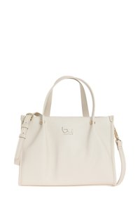 Borsa in pelle bianca con doppi manici, tracolla regolabile, finitura texturizzata, accessori in tonalità dorata e dettaglio del logo frontale.