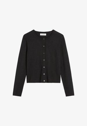 Juoda megztinė, pagaminta iš minkštos medžiagos, su apvaliu iškirpimu, ilgomis rankovėmis ir priekyje užsegama penkiomis sidabro spalvos mygtukais.