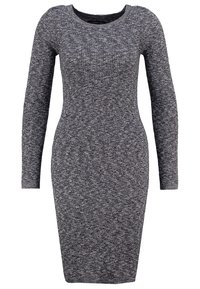 Robe tricotée gris foncé avec manches longues et encolure ronde. Coupe ajustée avec un tissu texturé et un motif côtelé.