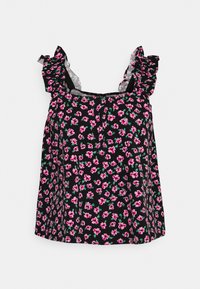 Camisola preta sem mangas com padrão floral rosa, apresentando alças franzidas e um corte solto. Feita de um tecido leve, adequado para o clima quente.