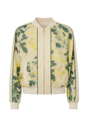 Giacca bomber beige chiaro con cerniera, motivo floreale verde e giallo, polsini e cinturino a costine, e rifiniture verdi sulle maniche e sul davanti.