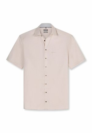 Beige short-sleeve button-up shirt with single chest pocket and patterned inner collar lining, laid flat on white background.