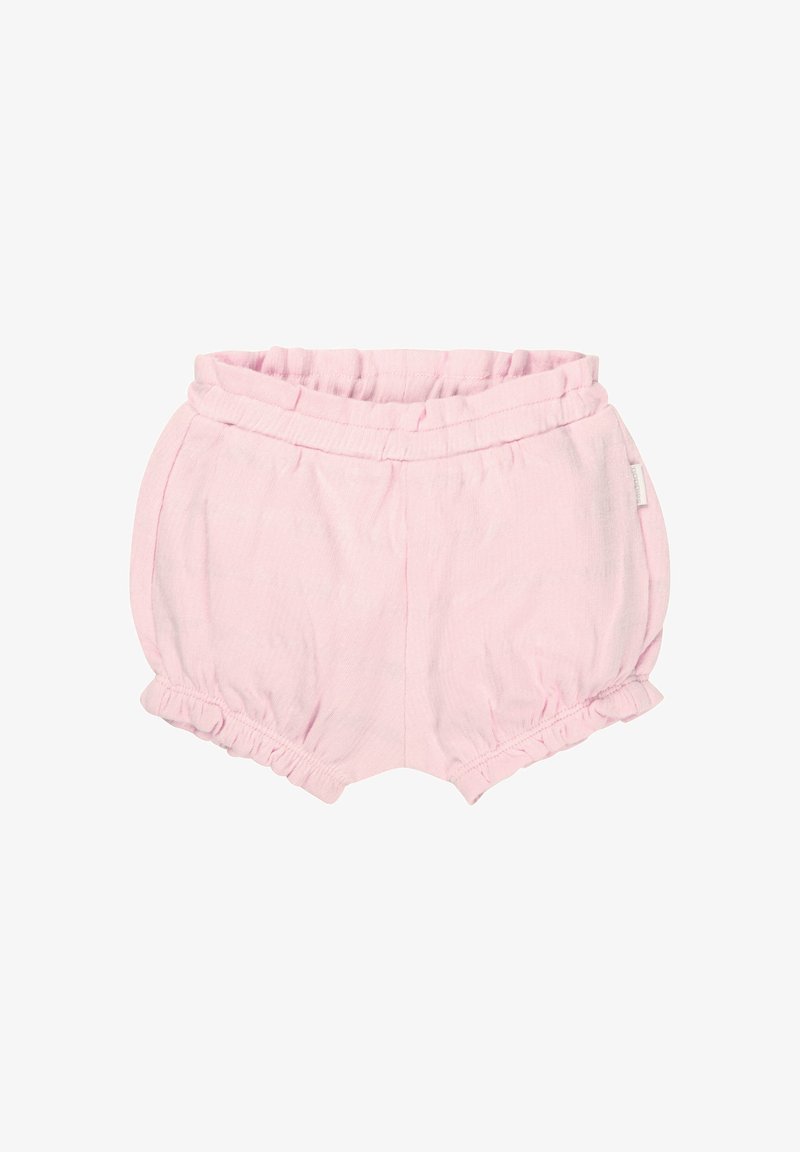Lichtroze katoenen bloeiers met een zachte, elastische tailleband en een gerimpelde zoom. Eenvoudige, ronde vorm met een gladde textuur.