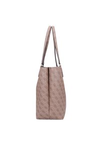 Sac fourre-tout beige à motifs avec deux anses en cuir, une forme structurée et une surface texturée. Présente un motif logo sur l'ensemble.