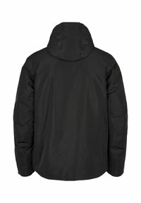 Schwarze Kapuzenjacke mit glatter Textur, ohne sichtbare Verschlüsse oder Muster, entworfen in einem lässigen Schnitt mit überschnittenen Schultern.