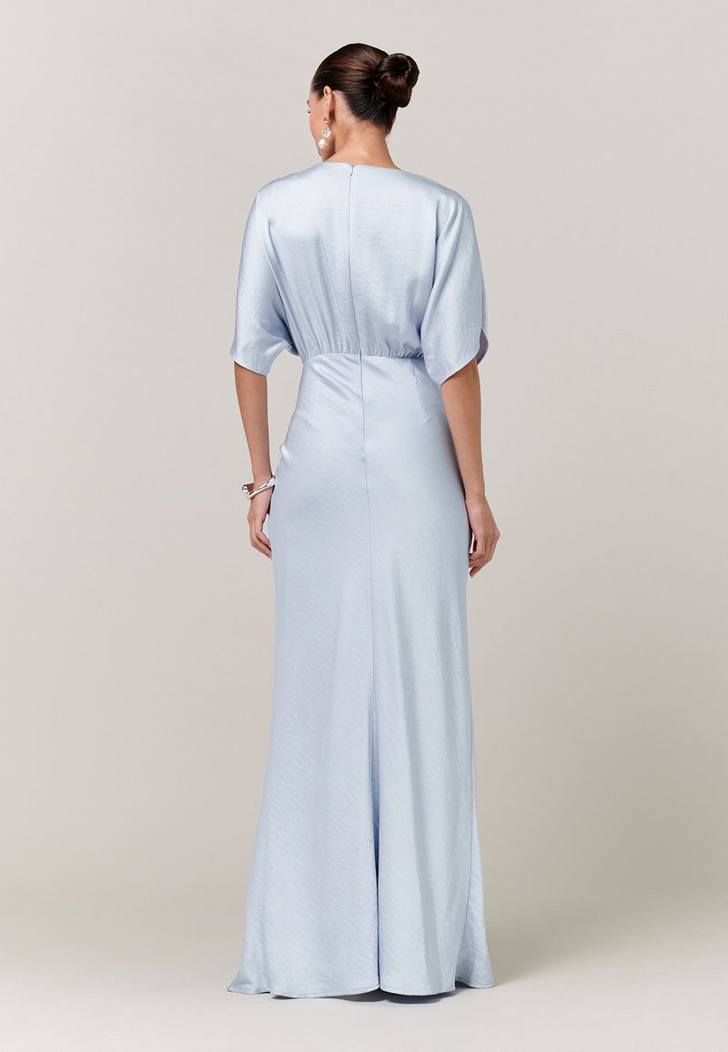 beach dresses plus size Light Blue Satin Spaghetti Strap Off The Shoulder Prom Dress
