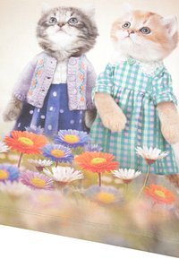 Due gattini vestiti con outfit colorati, uno in un maglione viola e una gonna a pois, l'altro in un vestito a quadretti verdi, tra fiori vivaci.