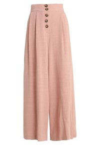 Light pink wide-leg pants made of linen, featuring a high waist with a five-button closure and two front pleats.