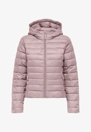 Hele lilla tikandiga pufferjakk ees täieliku tõmblukuga ja kapuutsiga, millel on horisontaalsed õmblused ja küljetaskud.