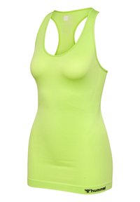Canottiera atletica verde lime con design racerback, forma aderente e logo Hummel sull'orlo. Tessuto liscio e materiale leggero.