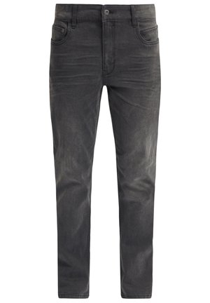 Donkergrijze spijkerbroek van denim. Kenmerken zijn onder andere standaardzakken, een ritssluiting en een licht vervaagd uiterlijk met zichtbare stiksels.