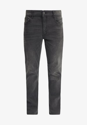 Donkergrijze spijkerbroek van denim. Kenmerken zijn onder andere standaardzakken, een ritssluiting en een licht vervaagd uiterlijk met zichtbare stiksels.