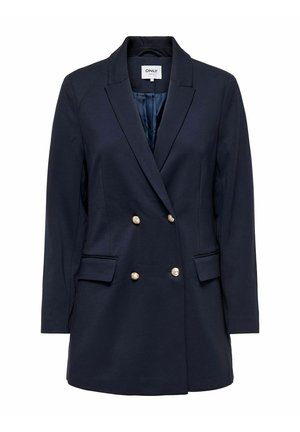Navy blue double-breasted blazer with gold-tone buttons, notched lapels, and two side pockets, made from a smooth fabric.