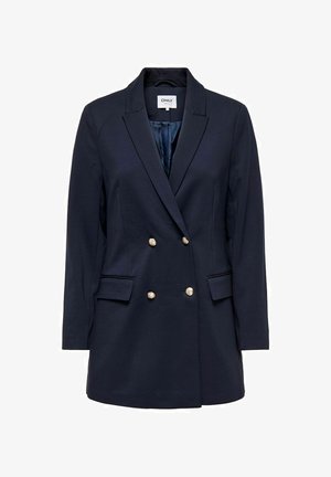 Námorníck blue dvojradový blejzer so zlatými gombíkmi, s klopami a dvoma bočnými vreckami, vyrobený z hladkej tkaniny.