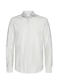 Camisa de botones a rayas en blanco y beige claro, de tejido de algodón, con cuello clásico, mangas largas con puños a rayas y un ligero brillo.