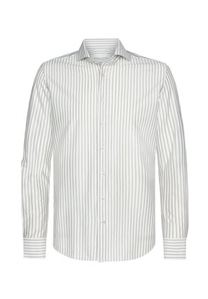Camicia a righe bianca e beige chiaro, in cotone, colletto classico, maniche lunghe con polsini a righe, leggero lucido.