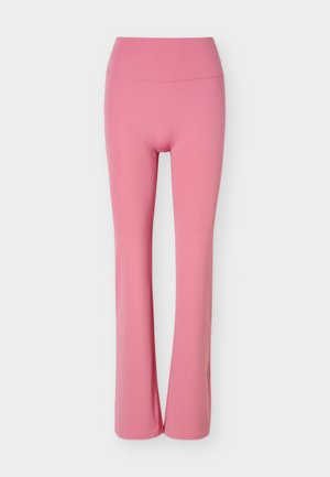 Rosa High-Waist, eng anliegende Leggings mit leicht ausgestellten Beinen, flach auf hellem Hintergrund dargestellt.