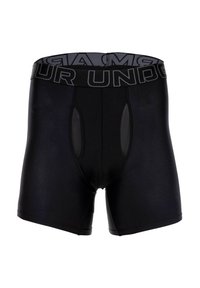 Czarne bokserki o dopasowanym kroju, z paskiem z nadrukiem "UNDER", wstawkami z siateczki i gładką teksturą materiału.