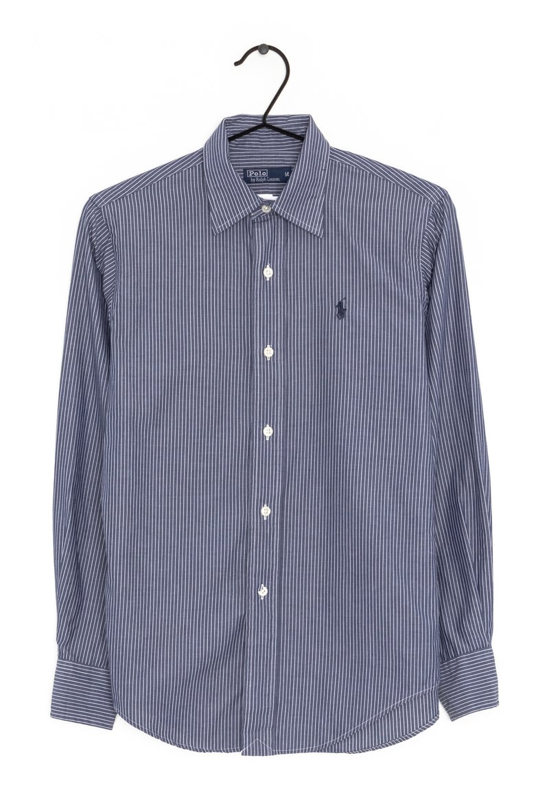 Marineblauw en wit gestreept shirt met lange mouwen en een button-downkraag, met een klein logo op de borst en witte knopen.