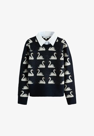 Kootud tumesinine kampsun valgete luigemustritega ja valge kraega särk all. Pehme tekstuur, soonikkoes varrukate ja alaäärega.