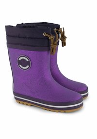 Violet rubber rain boots with a glittery finish, featuring a black fabric cuff, brown laces, and a round logo accent. Textured sole.